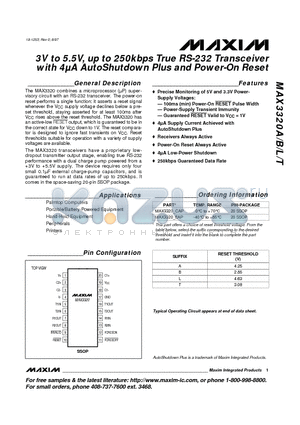 MAX3320T datasheet - 3V to 5.5V, up to 250kbps True RS-232 Transceiver with 4lA AutoShutdown Plus and Power-On Reset