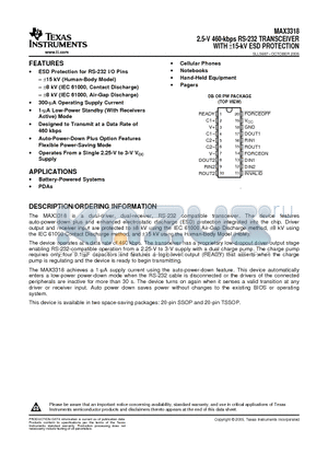 MAX3318IDBE4 datasheet - 2.5-V 460-kbps RS-232 TRANSCEIVER WITH a15-kV ESD PROTECTION