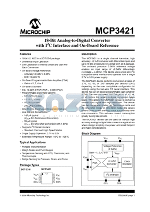 MCP3421A6T-E/CH datasheet - 18-Bit Analog-to-Digital Converter with I2C Interface and On-Board Reference