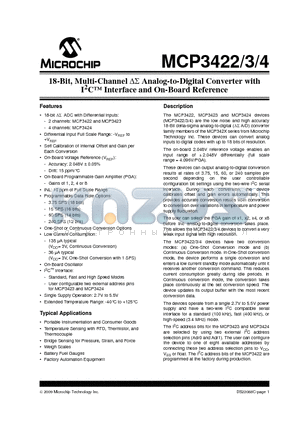 MCP3422A0-E/MF datasheet - 18-Bit, Multi-Channel DS Analog-to-Digital Converter with I2C Interface and On-Board Reference