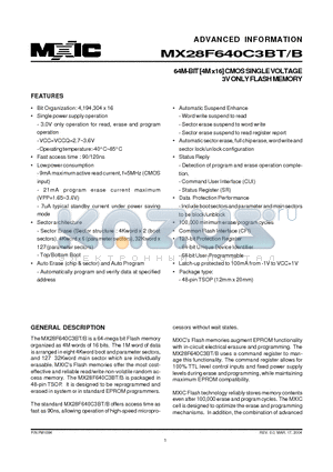 MX28F640C3BBTC-90 datasheet - 64M-BIT [4M x16] CMOS SINGLE VOLTAGE 3V ONLY FLASH MEMORY