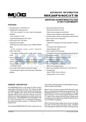 MX28F640C3BTI-12 datasheet - 64M-BIT [4M x16] CMOS SINGLE VOLTAGE 3V ONLY FLASH MEMORY