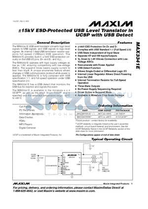 MAX3341EEBE datasheet - a15kV ESD-Protected USB Level Translator in UCSP with USB Detect