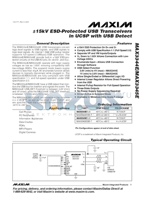 MAX3344EEBE-T datasheet - -5kV ESD-Protected USB Transceivers in UCSP with USB Detect