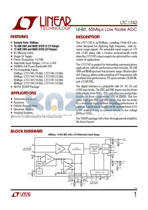 LTC1742IFW datasheet - 14-Bit, 65Msps Low Noise ADC