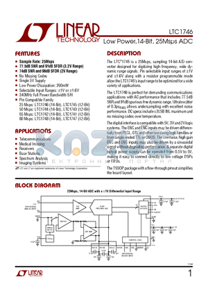 LTC1746CFW datasheet - Low Power,14-Bit, 25Msps ADC