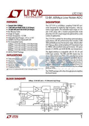 LTC1741CFW datasheet - 12-Bit, 65Msps Low Noise ADC