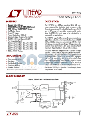 LTC1743IFW datasheet - 12-Bit, 50Msps ADC