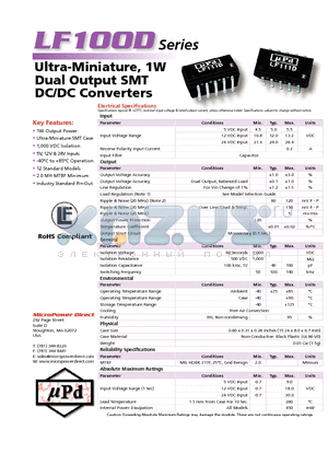 LF123D datasheet - Ultra-Miniature, 1W Dual Output SMT DC/DC Converters