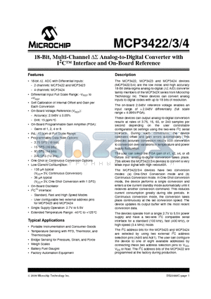 MCP3422A4-E/SN datasheet - 18-Bit, Multi-Channel DS Analog-to-Digital Converter with I2C Interface and On-Board Reference