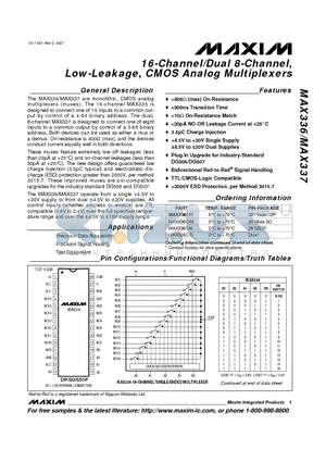 MAX336 datasheet - 16-Channel/Dual 8-Channel, Low-Leakage, CMOS Analog Multiplexers