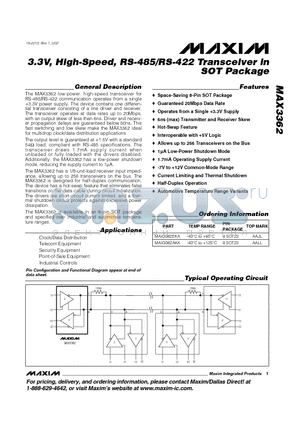MAX3362 datasheet - 3.3V, High-Speed, RS-485/RS-422 Transceiver in SOT Package