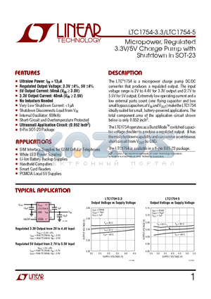 LTC1754ES6-3.3 datasheet - Micropower, Regulated 3.3V/5V Charge Pump with Shutdown in SOT-23