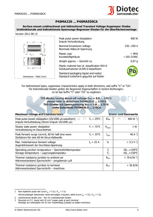 P4SMA440A datasheet - Surface mount unidirectional and bidirectional Transient Voltage Suppressor Diodes