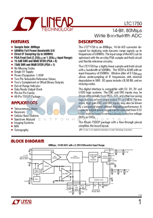 LTC1750CFW datasheet - 14-Bit, 80Msps Wide Bandwidth ADC