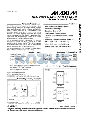 MAX3370EXK-T datasheet - 1uA, 2Mbps, Low-Voltage Level Translators in SC70