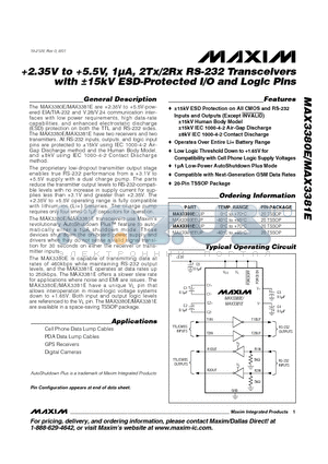 MAX338 datasheet - 2.35V to 5.5V, 1lA, 2Tx/2Rx RS-232 Transceivers with a15kV ESD-Protected I/O and Logic Pins