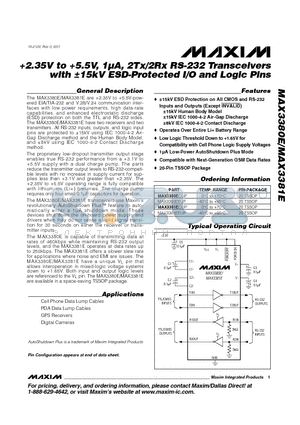 MAX3380E-MAX3381E datasheet - 2.35V to 5.5V, 1lA, 2Tx/2Rx RS-232 Transceivers with a15kV ESD-Protected I/O and Logic Pins