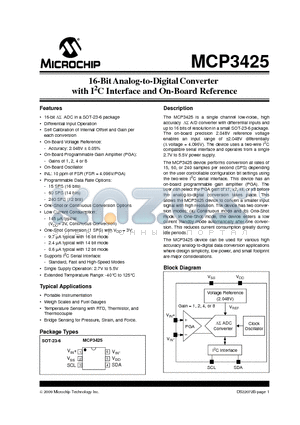 MCP3425A3T-E/CH datasheet - 16-Bit Analog-to-Digital Converter with I2C Interface and On-Board Reference