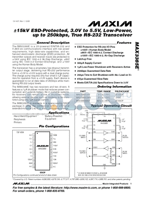 MAX3385ECWN datasheet - a15kV ESD-Protected, 3.0V to 5.5V, Low-Power, up to 250kbps, True RS-232 Transceiver