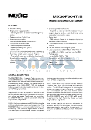 MX29F004TTC-55 datasheet - 4M-BIT [512KX8] CMOS FLASH MEMORY