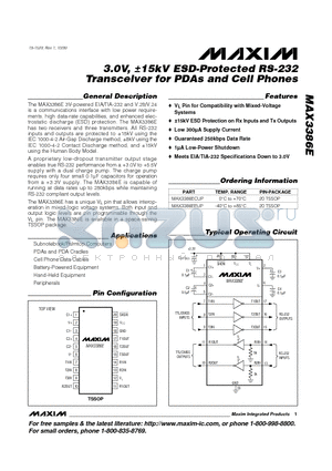 MAX3386EEUP datasheet - 3.0V, a15kV ESD-Protected RS-232 Transceiver for PDAs and Cell Phones
