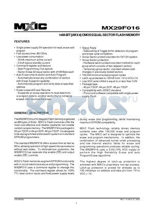 MX29F016MI-90 datasheet - 16M-BIT [2M X 8] CMOS EQUAL SECTOR FLASH MEMORY