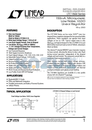 LTC1844 datasheet - 150mA, Micropower, Low Noise, VLDO Linear Regulator