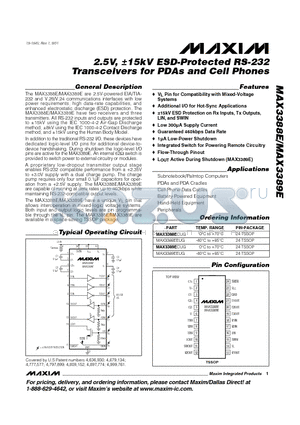 MAX3389ECUG datasheet - 2.5V, a15kV ESD-Protected RS-232 Transceivers for PDAs and Cell Phones
