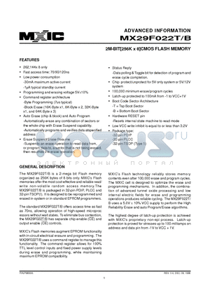 MX29F022T datasheet - 2M-BIT[256K x 8]CMOS FLASH MEMORY