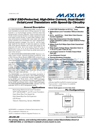 MAX3395E datasheet - a15kV ESD-Protected, High-Drive Current, Dual-/Quad-/ Octal-Level Translators with Speed-Up Circuitry