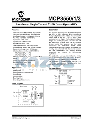 MCP3553 datasheet - Low-Power, Single-Channel 22-Bit Delta-Sigma ADCs