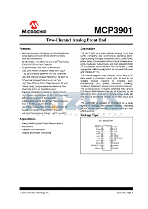 MCP3901A1T-I/SS datasheet - Two-Channel Analog Front End