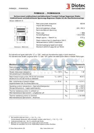 P4SMA550A datasheet - Surface mount unidirectional and bidirectional Transient Voltage Suppressor Diodes