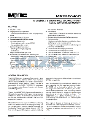 MX29F040CPI-70 datasheet - 4M-BIT [512K x 8] CMOS SINGLE VOLTAGE 5V ONLY EQUAL SECTOR FLASH MEMORY