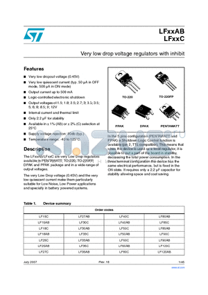 LF15ABV datasheet - Very low drop voltage regulators with inhibit