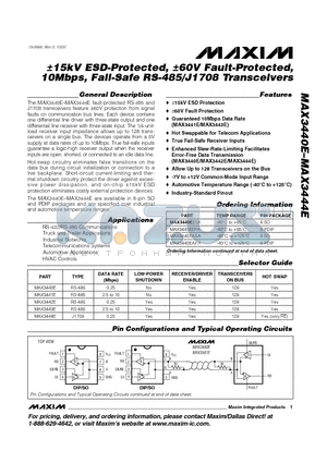 MAX3440EASA datasheet - a15kV ESD-Protected, a60V Fault-Protected, 10Mbps, Fail-Safe RS-485/J1708 Transceivers