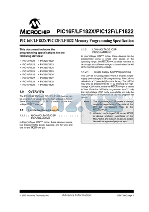 LF1822 datasheet - PIC16F/LF182X/PIC12F/LF1822 Memory Programming Specification