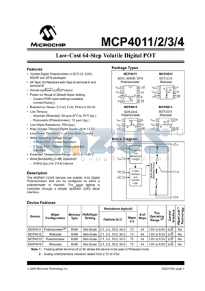 MCP4011-103E/MC datasheet - Low-Cost 64-Step Volatile Digital POT