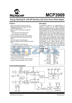 MCP3909-I/SS datasheet - Energy Metering IC with SPI Interface and Active Power Pulse Output