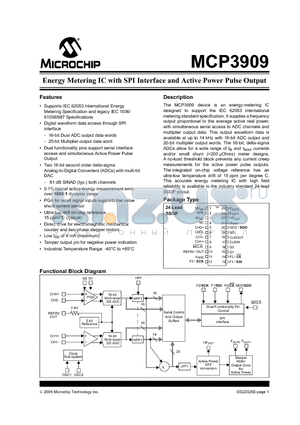 MCP3909T-I/SS datasheet - Energy Metering IC with SPI Interface and Active Power Pulse Output