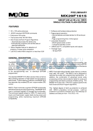 MX29F1615 datasheet - 16M-BIT [2M x8/1M x16] CMOS SINGLE VOLTAGE FLASH EEPROM