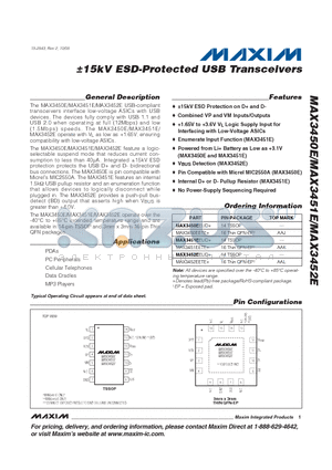 MAX3452EEUD+ datasheet - a15kV ESD-Protected USB Transceivers