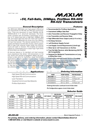 MAX3460 datasheet - 5V, Fail-Safe, 20Mbps, Profibus RS-485/ RS-422 Transceivers