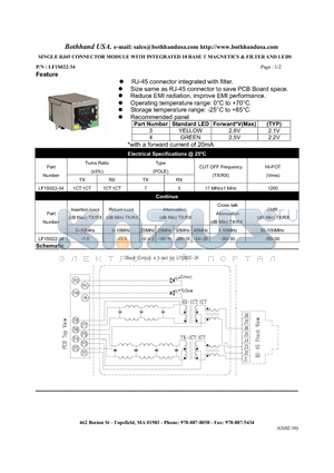 LF1S022-34 datasheet - SINGLE RJ45 CONNECTOR MODULE WITH INTEGRATED 10 BASE T MAGNETICS & FILTER AND LEDS
