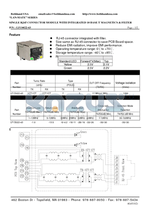 LF1S022-43 datasheet - SINGLE RJ45 CONNECTOR MODULE WITH INTEGRATED 10 BASE T MAGNETICS & FILTER