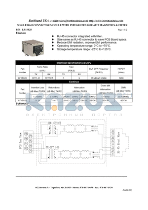 LF1S028 datasheet - SINGLE RJ45 CONNECTOR MODULE WITH INTEGRATED 10 BASE T MAGNETICS & FILTER