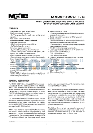 MX29F400CBTI-70G datasheet - 4M-BIT [512Kx8/256Kx16] CMOS SINGLE VOLTAGE 5V ONLY BOOT SECTOR FLASH MEMORY