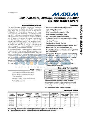 MAX3465 datasheet - 5V, Fail-Safe, 40Mbps, Profibus RS-485/RS-422 Transceivers
