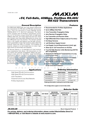 MAX3465CPD datasheet - 5V, Fail-Safe, 40Mbps, Profibus RS-485/ RS-422 Transceivers